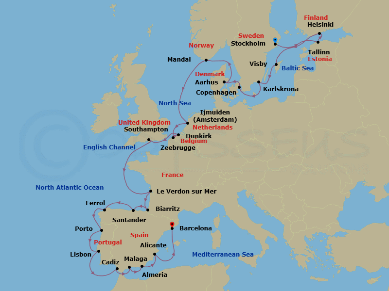 24 Night - Epic Baltic to Iberia - Oceania Sirena - Starting in Stockholm, Tallinn, Helsinki, Visby, Sweden, Karlskrona, Copenhagen, Aarhus, Mandal, Ijmuiden, Dunkirk, Bruges (Zeebrugge), London (Southampton), Bordeaux (Le Verdon), Biarritz (Saint-Jean-De-Luz), Santander, Ferrol, Oporto, Lisbon, Seville (Cadiz), Malaga, Almeria, Alicante, Barcelona itinerary map