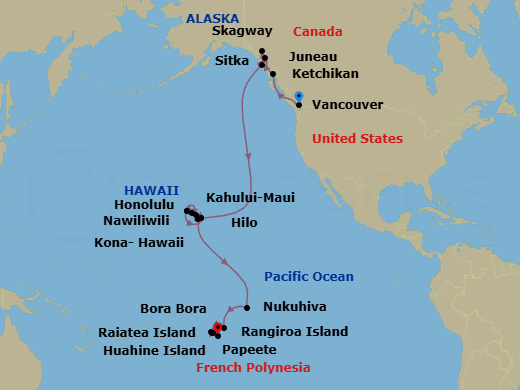 30 Night - Alaska & South Pacific Gems - Oceania Riviera - Starting in Vancouver, Ketchikan, Cruising Holkham Bay Glacier Fjords, Juneau, Skagway, Sitka, Hilo, Kailua-Kona, Kahului, Nawiliwili, Honolulu, Nawiliwili, Hilo, Kailua-Kona, Nuku Hiva, Rangiroa, Raiatea, Huahine, Bora Bora, Papeete (Tahiti) itinerary map