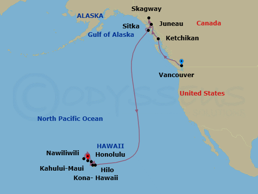 16 Night - Glaciers & Volcanoes - Oceania Riviera - Starting in Vancouver, Ketchikan, Cruising Holkham Bay Glacier Fjords, Juneau, Skagway, Sitka, Hilo, Kailua-Kona, Kahului, Nawiliwili, Honolulu itinerary map