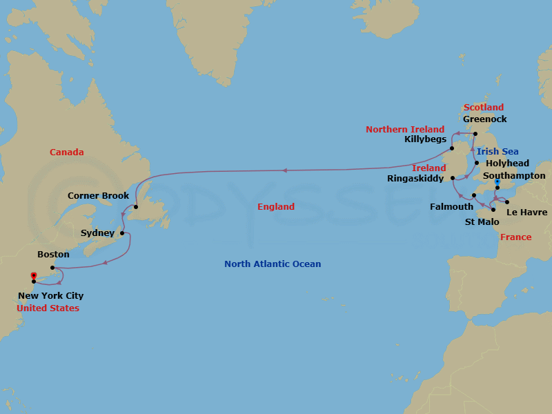 18 Night - Passage to the New World - Oceania Vista - Starting in London (Southampton), Paris (Le Havre), Saint-malo, Falmouth (Cornwall), Cork (Ringaskiddy), Holyhead, Glasgow (Greenock), Killybegs, Corner Brook, Sydney CA, Boston, New York itinerary map