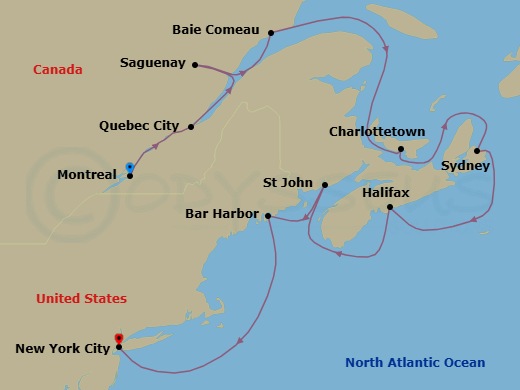 11 Night - Celebrate the St. Lawrence - Seven Seas Splendor - Starting in Montreal, Quebec City, Saguenay, Baie-Comeau, Cruising the Gulf of St Lawrence, Charlottetown, Sydney CA, Halifax, Saint John NB (Bay of Fundy), Bar Harbor, Cruising the Atlantic Ocean, New York itinerary map