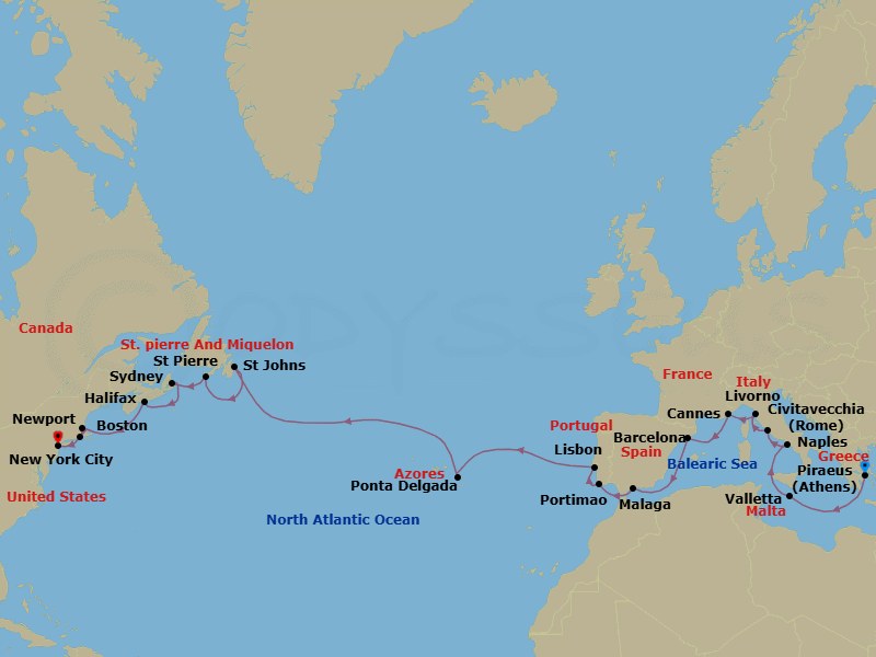 26 Night - Historic Horizons - Seven Seas Splendor - Starting in Athens (Piraeus), Cruising the Mediterranean Sea, Valletta, Naples / Pompeii, Rome (Civitavecchia), Tuscany (Livorno), Cannes, Barcelona, Cruising the Mediterranean Sea, Malaga, Portimao, Lisbon, Cruising the Atlantic Ocean, Ponta Delgada (Azores), Cruising the Atlantic Ocean, St Johns, Saint-Pierre, Sydney CA, Halifax, Boston, Newport, New York itinerary map