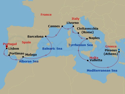 12 Night - Radiant Coasts - Seven Seas Splendor - Starting in Athens (Piraeus), Cruising the Mediterranean Sea, Valletta, Naples / Pompeii, Rome (Civitavecchia), Tuscany (Livorno), Cannes, Barcelona, Cruising the Mediterranean Sea, Malaga, Portimao, Lisbon itinerary map
