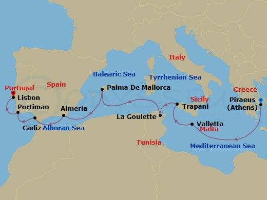 10 Night - Classic Iberia - Seven Seas Splendor - Starting in Athens (Piraeus), Cruising the Mediterranean Sea, Valletta, Trapani (Sicily), La Goulette, Cruising the Mediterranean Sea, Palma De Mallorca, Almeria, Cadiz, Portimao, Lisbon itinerary map