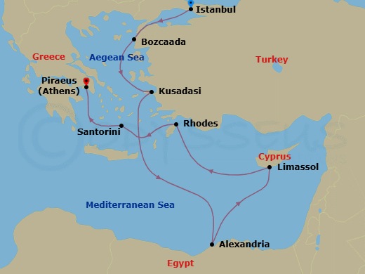 10 Night - Marvels of Antiquity - Seven Seas Splendor - Starting in Istanbul, Bozcaada, Kusadasi, Cruising the Mediterranean Sea, Alexandria EG, Limassol, Rhodes, Santorini, Cruising the Aegean Sea, Athens (Piraeus) itinerary map