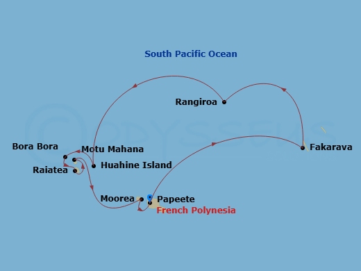 10 Night - Society Islands & the Tuamotus - MS Paul Gauguin - Starting in Papeete, Tahiti Island, Fakarava, Tuamotu Islands, Rangiroa, Tuamotu Islands, Huahine, Society Islands, Bora Bora, Society Islands, Raiatea, Society Islands, Motu Mahana, Tahaa Island, Society Islands, Moorea Island, Papeete, Tahiti Island itinerary map