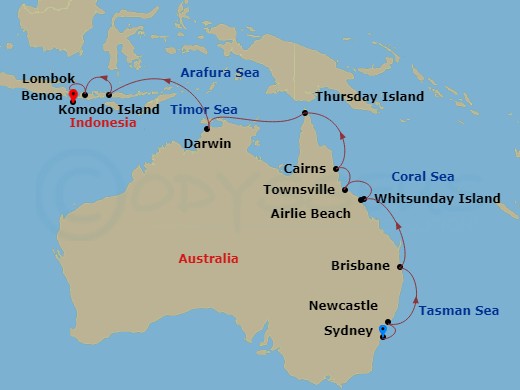 16 Night - Komodo & the Australian Coast - Viking Orion - Starting in Sydney AU, Newcastle AU, Sail the Australian Coast, Brisbane, Sail the Australian Coast, Whitsunday Island (Airlie Beach), Townsville, Cairns, Sail the Australian Coast, Thursday Island, Sail the Australian Coast, Darwin, Sail the Australian Coast, Komodo National Park (Rinca), Lombok, Bali (Benoa) itinerary map