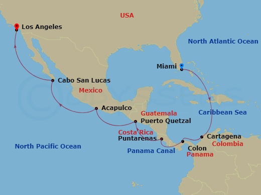 15 Night - Panama Canal - Miami - Norwegian Encore - Starting in Miami, Fl, Cartagena CO, Colon, Panama, Transit Panama Canal / At Sea, Puerto Caldera / Puntarenas, Costa Rica, Puerto Quetzal, Guatemala, Acapulco, Mexico, Cabo San Lucas, Mexico, Los Angeles, Ca itinerary map