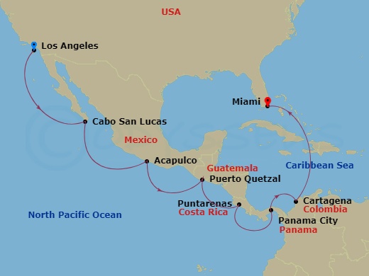 15 Night - Repo - Panama Canal - Norwegian Encore - Starting in Los Angeles, Ca, Cabo San Lucas, Mexico, Acapulco, Mexico, Puerto Quetzal, Guatemala, Puerto Caldera / Puntarenas, Costa Rica, Panama City, Panama, Transit Panama Canal / At Sea, Cartagena CO, Miami, Fl itinerary map