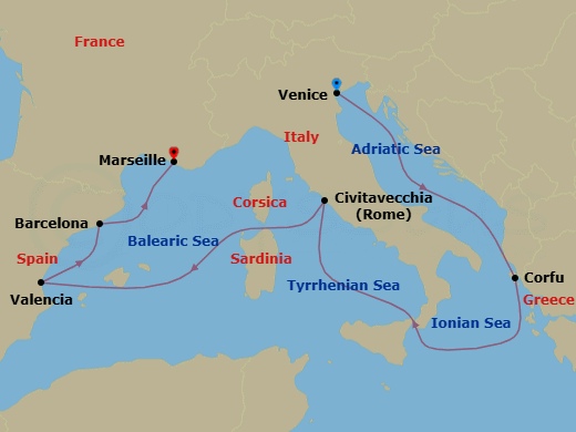 8 Night - Mediterranean - MSC Lirica - Starting in Venice / Marghera, Italy, Corfu, Greece, Civitavecchia (Rome), Italy, Valencia, Spain, Barcelona, Spain, Marseille (Provence), France itinerary map