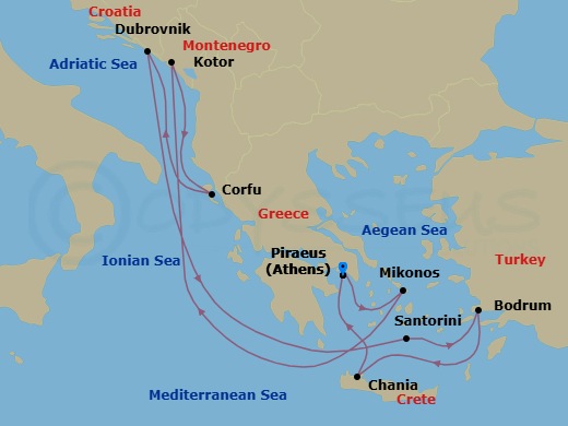 11 Night - Greek Isles and the Adriatic - Scarlet Lady - Starting in Athens (Piraeus), Greece, Mykonos, Greece, Kotor, Montenegro, Corfu, Greece, Dubrovnik, Croatia, Santorini, Greece, Bodrum, Turkey, Chania (Souda Bay), Crete, Greece, Athens (Piraeus), Greece itinerary map