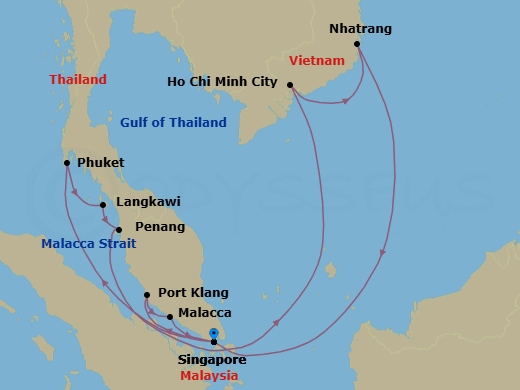 16 Night - Singapore to Singapore - Silver Muse - Starting in Singapore, Phuket, Langkawi, Penang, George Town, Ho Chi Minh City, Nha Trang, Singapore, Port Klang (Kuala Lumpur), Malacca, Singapore itinerary map