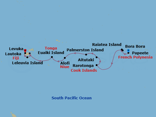 12 Night - Papeete to Lautoka - Silver Cloud - Starting in Papeete (Tahiti), Raiatea, Bora Bora (Society Islands), Rarotonga, Aitutaki, Palmerston Island, Alofi, Date Line lose a day, Eueiki Island, Levuka, Ovalau, Leleuvia Island itinerary map