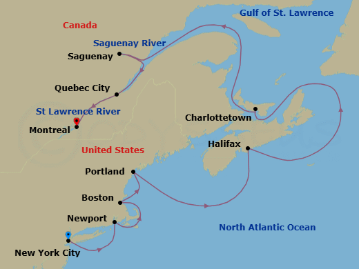 11 Night - New York to Montreal - Silver Shadow - Starting in New York, NY, Newport, Rhode Island, Cape Cod Canal Transit (Canal Transit, Massachusetts), Boston, Massachusetts, Portland ME, Halifax, Nova Scotia, Charlottetown, Prince Edward Island, Saguenay, Quebec, Quebec City, Montreal itinerary map