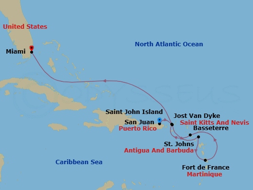 8 Night - San Juan to Miami - Silver Ray - Starting in San Juan, St John VI, St Johns, Fort-de-France, St Kitts (Basseterre), Jost Van Dyke, British Virgin Islands, Miami, Fl itinerary map