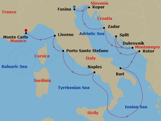 12 Night - Fusina to Monte Carlo - Silver Dawn - Starting in Fusina (Venice), Koper, Zadar, Dubrovnik, Croatia, Split, Kotor, Bari, Naples, Porto Santo Stefano, Livorno (Tuscany), Monte Carlo itinerary map