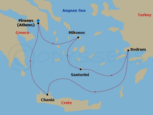 7 Night - Greece, Turkey & Mykonos Overnight - Scarlet Lady - Starting in Athens (Piraeus), Greece, Chania (Souda Bay), Crete, Greece, Bodrum, Turkey, Santorini, Greece, Mykonos, Greece, Athens (Piraeus), Greece itinerary map
