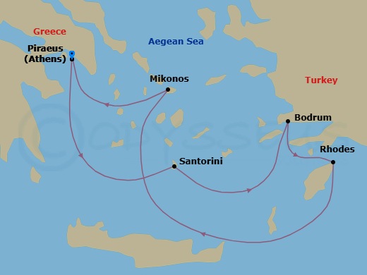 7 Night - Greek Isles & Mykonos Overnight - Scarlet Lady - Starting in Athens (Piraeus), Greece, Santorini, Greece, Bodrum, Turkey, Rhodes, Greece, Mykonos, Greece, Athens (Piraeus), Greece itinerary map
