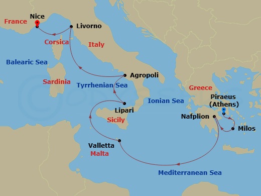 10 Night - Athens to Nice - Silver Shadow - Starting in Athens (Piraeus), Milos, Nafplion, Valletta, Lipari Island, Agropoli, Livorno (Tuscany), Nice itinerary map