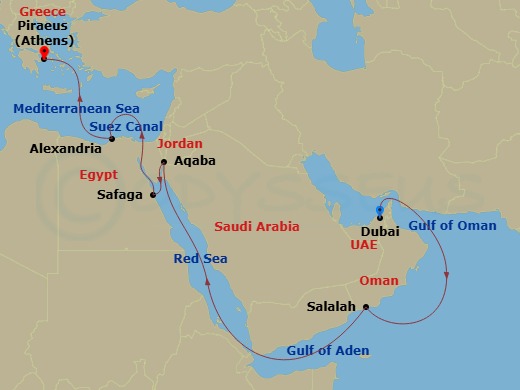 17 Night - Dubai to Athens - Silver Shadow - Starting in Dubai, Salalah, Aqaba (Petra), Safaga (Luxor), Suez Canal (Transit), Alexandria EG, Athens (Piraeus) itinerary map