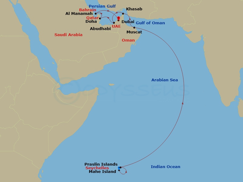 17 Night - Mahe to Dubai - Silver Shadow - Starting in Mahe, Praslin, Muscat, Khasab, Abu Dhabi, Doha, Al Manamah, Dubai itinerary map