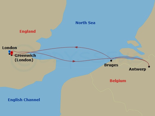 3 Night - Quick Getaways : Belgium : a Sweet Getaway - Star Pride - Starting in London, Antwerp, Belgium, Bruges, London (Greenwich), United Kingdom itinerary map