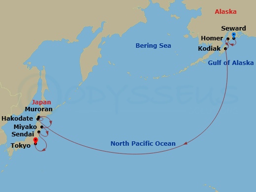 16 Night - Seward (Anchorage to Tokyo) - Silver Moon - Starting in Seward (Anchorage, Alaska), Homer, Alaska, Kodiak Island, Alaska, Date Line lose a day, Hakodate (Hokkaido), Muroran, Miyako, Iwate, Sendai, Tokyo itinerary map
