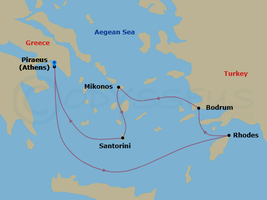 7 Night - Greek Island Glow - Scarlet Lady - Starting in Athens (Piraeus), Greece, Rhodes, Greece, Bodrum, Turkey, Mykonos, Greece, Santorini, Greece, Athens (Piraeus), Greece itinerary map