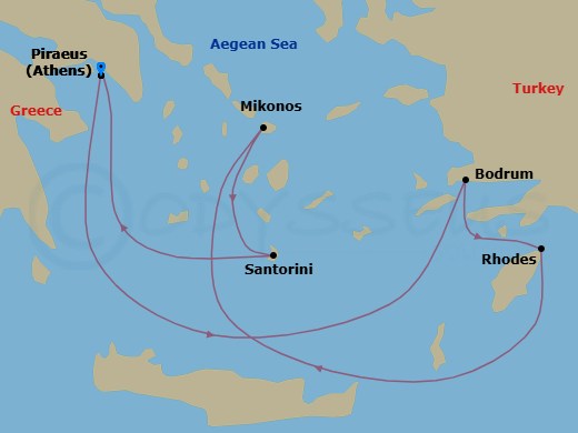 7 Night - Greece, Turkey & Mykonos Overnight - Scarlet Lady - Starting in Athens (Piraeus), Greece, Bodrum, Turkey, Rhodes, Greece, Mykonos, Greece, Santorini, Greece, Athens (Piraeus), Greece itinerary map