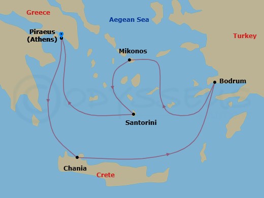 7 Night - Greek Isles & Mykonos Overnight - Scarlet Lady - Starting in Athens (Piraeus), Greece, Chania (Souda Bay), Crete, Greece, Bodrum, Turkey, Mykonos, Greece, Santorini, Greece, Athens (Piraeus), Greece itinerary map