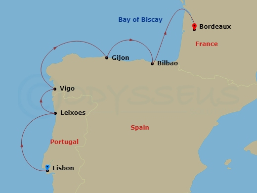 8 Night - Connoisseur's Delight : Northern Spain & Portugal - Star Legend - Starting in Lisbon, Leixoes (Porto), Portugal, Vigo, Gijon, Spain, Bilbao, Bordeaux itinerary map