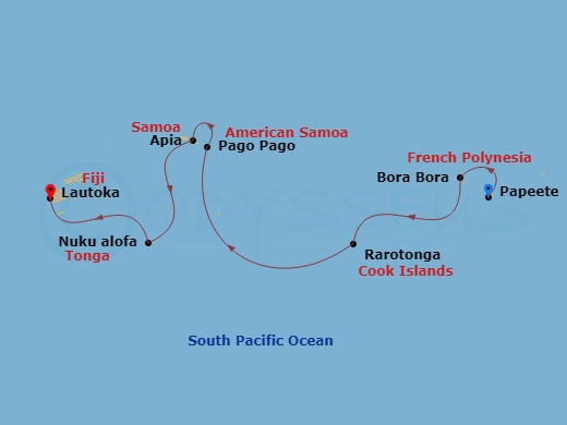 12 Night - Papeete to Lautoka - Silver Dawn - Starting in Papeete (Tahiti), Bora Bora (Society Islands), Rarotonga, Pago Pago, Date Line lose a day, Apia, Nukualofa, Tonga, Lautoka itinerary map