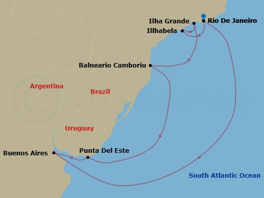 9 Night - South America - MSC Splendida - Starting in Rio De Janeiro, Brazil, Ilhabela, Brazil, Ilha Grande, Brazil, Camboriu, Brazil, Punta Del Este, Uruguay, Buenos Aires, Argentina, Rio De Janeiro, Brazil itinerary map