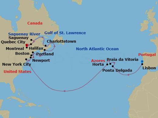 23 Night - Transatlantic from Lisbon to Montreal - Silver Shadow - Starting in Lisbon, Ponta Delgada, Praia Da Vitoria, Horta, New York, Newport, Cape Cod Canal Transit (Canal Transit), Boston, Massachusetts, Portland ME, Halifax, Charlottetown, Saguenay, Quebec City, Montreal itinerary map