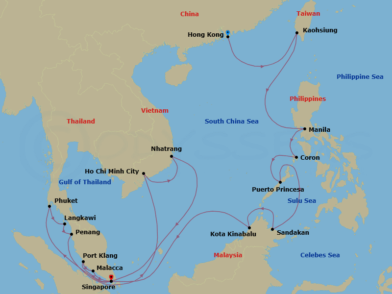 30 Night - Asia and Asia Pacific from Hong Kong to Singapore - Silver Muse - Starting in Hong Kong, Kaohsiung, Manila, Coron, Puerto Princesa, Sandakan, Kota Kinabalu, Singapore, Phuket, Langkawi, Penang, Ho Chi Minh City, Nha Trang, Singapore, Port Klang, Malacca, Singapore itinerary map