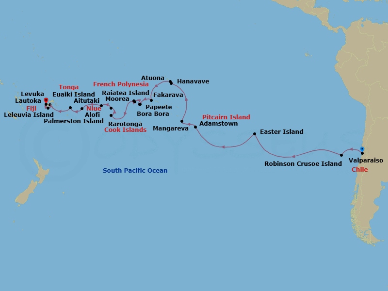 34 Night - Transpacific from Valparaiso to Lautoka - Silver Cloud - Starting in Valparaiso, Robinson Crusoe Island, Easter Island, Adamstown, Mangareva, Hanavave, Atuona / Hiva Oa, Fakarava, Moorea Island, Papeete, Raiatea, Bora Bora, Rarotonga, Aitutaki, Palmerston Island, Alofi, Date Line lose a day, Eueiki Island, Levuka, Leleuvia Island itinerary map