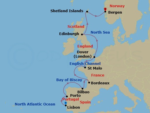 15 Night - Porto, Bordeaux and Bergen : Wonders of Western Europe - National Geographic Endurance - Starting in Lisbon, Portugal / Embark Ship, Porto, Bilbao, Bordeaux, France, Saint-malo, Dover UK, England, Edinburgh, Scotland, Shetland, Bergen, Norway / Disembark Ship itinerary map