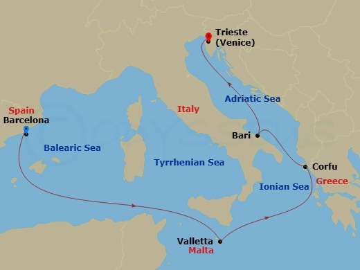 6 Night - Mediterranean - MSC Fantasia - Starting in Barcelona, Spain, La Valletta, Malta, Corfu, Greece, Bari, Italy, Trieste (Venice), Italy itinerary map
