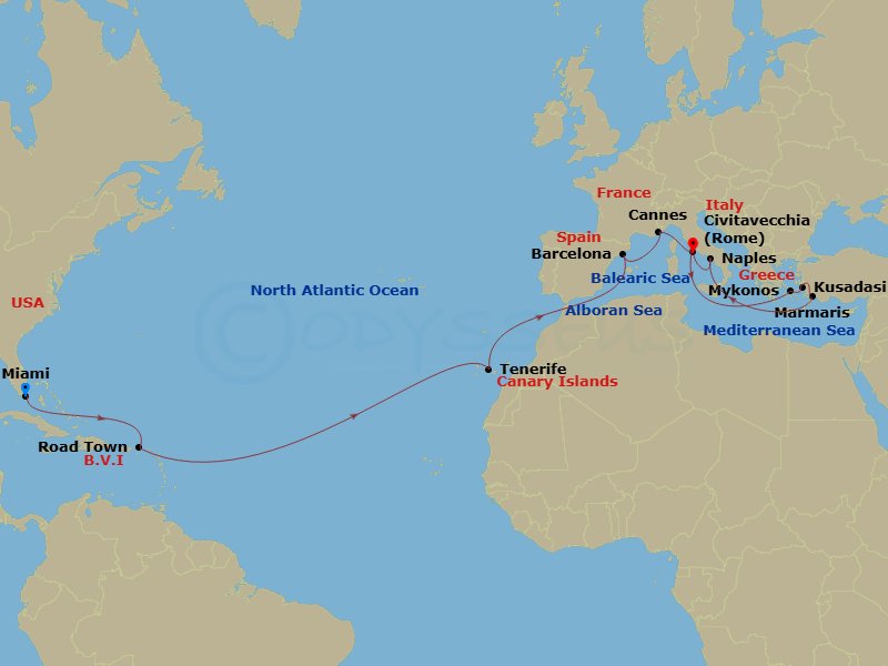 22 Night - Msc Grand Voyages - MSC Divina - Starting in Miami, Florida, Road Town (Tortola), British Virgin Islands, Santa Cruz de Tenerife, Barcelona, Spain, Cannes (Cote Dazur), France, Civitavecchia (Rome), Italy, Mykonos, Greece, Kusadasi, Turkey, Marmaris, Turkey, Naples (Pompeii), Italy, Civitavecchia (Rome), Italy itinerary map