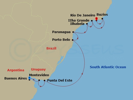 12 Night - Buenos Aires to Rio De Janeiro - Silver Shadow - Starting in Buenos Aires, Montevideo, Punta Del Este, Porto Belo, Paranagua, Ilhabela, Brazil, Ilha Grande, Brazil, Buzios, Brazil, Rio De Janeiro itinerary map