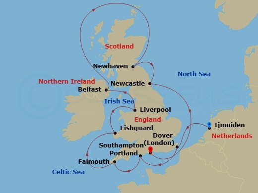 11 Night - Ijmuiden to Southampton - Silver Spirit - Starting in Ijmuiden (Amsterdam), Dover UK (London), England, Portland UK, Falmouth, England, Fishguard, Wales, Liverpool, Belfast, Newhaven (Edinburgh), Scotland, Newcastle UK, Southampton itinerary map