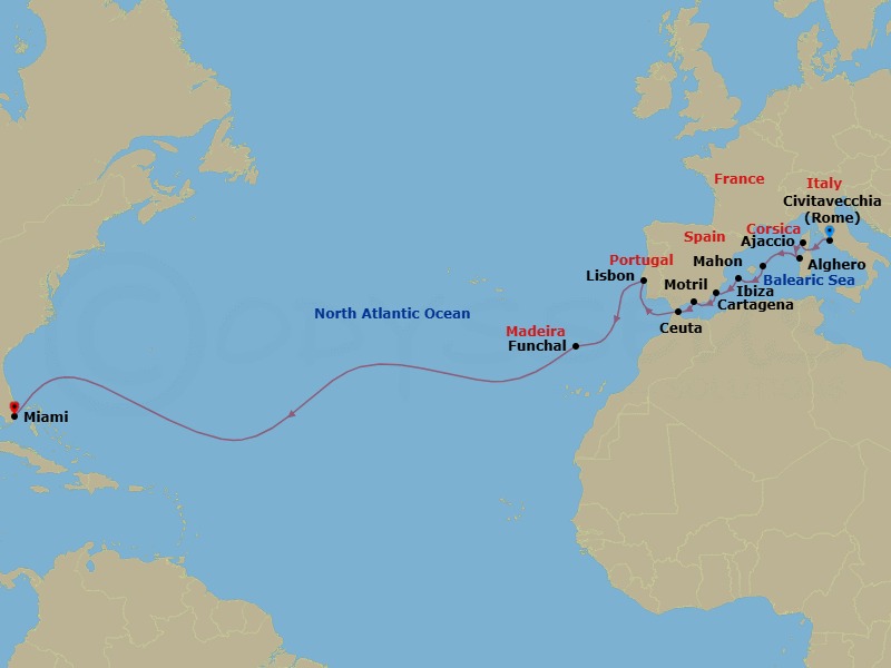21 Night - Jewels of Andalusia & Atlantic Crossing - Seabourn Quest - Starting in Civitavecchia (Rome), Italy, Ajaccio, Corsica, France, Alghero, Italy, Mahon, Menorca, Spain, Ibiza, Spain, Cartagena ES, Motril (Granada), Spain, Ceuta, Spanish Morocco, Spain, Lisbon, Portugal, Funchal (Madeira), Portugal, Miami, Florida itinerary map