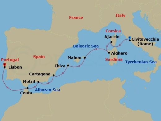 9 Night - Jewels of Andalusia & the Balearic Islands - Seabourn Quest - Starting in Civitavecchia (Rome), Italy, Ajaccio, Corsica, France, Alghero, Italy, Mahon, Menorca, Spain, Ibiza, Spain, Cartagena ES, Motril (Granada), Spain, Ceuta, Spanish Morocco, Spain, Lisbon, Portugal itinerary map