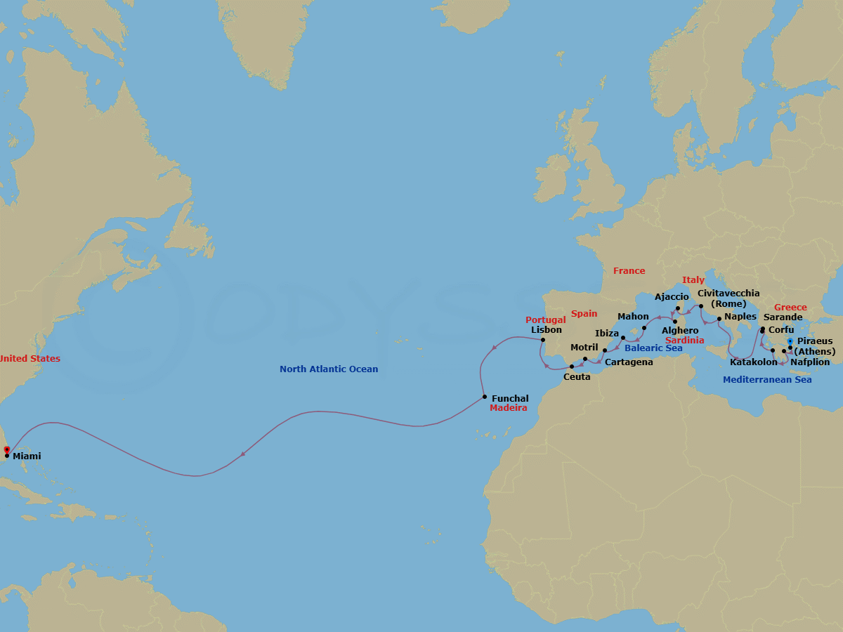28 Night - Grecian Gems, Spanish Explorer & Atlantic Crossing - Seabourn Quest - Starting in Piraeus (Athens), Greece, Nafplion, Greece, Katakolon (Olympia), Greece, Corfu, Greece, Sarande, Albania, Naples (Pompeii / Amalfi), Italy, Civitavecchia (Rome), Italy, Ajaccio, Corsica, France, Alghero, Italy, Mahon, Menorca, Spain, Ibiza, Spain, Cartagena ES, Motril (Granada), Spain, Ceuta, Spanish Morocco, Spain, Lisbon, Portugal, Funchal (Madeira), Portugal, Miami, Florida itinerary map