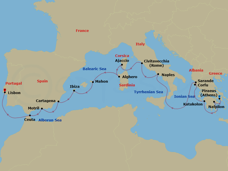 16 Night - Treasures of Greece & Andalusia - Seabourn Quest - Starting in Piraeus (Athens), Greece, Nafplion, Greece, Katakolon (Olympia), Greece, Corfu, Greece, Sarande, Albania, Naples (Pompeii / Amalfi), Italy, Civitavecchia (Rome), Italy, Ajaccio, Corsica, France, Alghero, Italy, Mahon, Menorca, Spain, Ibiza, Spain, Cartagena ES, Motril (Granada), Spain, Ceuta, Spanish Morocco, Spain, Lisbon, Portugal itinerary map