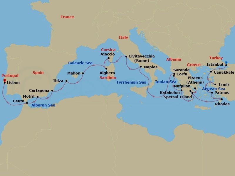 23 Night - Turkey, Greece & Andalusia - Seabourn Quest - Starting in Istanbul, Turkey, Canakkale, Turkey, Izmir, Turkey, Patmos, Greece, Rhodes, Greece, Spetses, Greece, Piraeus (Athens), Greece, Nafplion, Greece, Katakolon (Olympia), Greece, Corfu, Greece, Sarande, Albania, Naples (Pompeii / Amalfi), Italy, Civitavecchia (Rome), Italy, Ajaccio, Corsica, France, Alghero, Italy, Mahon, Menorca, Spain, Ibiza, Spain, Cartagena ES, Motril (Granada), Spain, Ceuta, Spanish Morocco, Spain, Lisbon, Portugal itinerary map