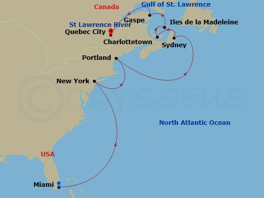 12 Night - A Grand Journey from North America's Iconic Cities to Canada's Scenic Wilds - EXPLORA IV - Starting in Miami, New York City, Portland ME, Sydney CA, Charlottetown, Prince Edward Island, Iles De La Madeleine, Gaspe, Quebec City itinerary map