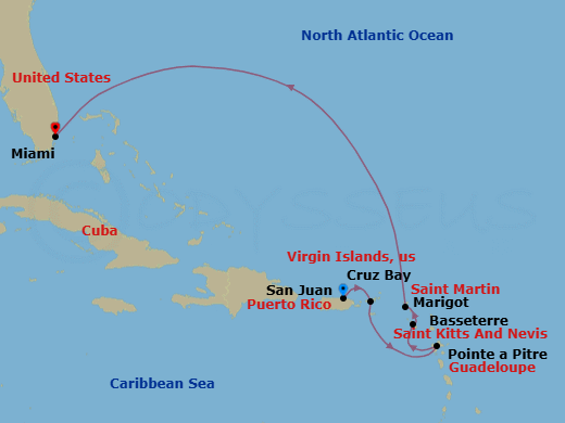 7 Night - A Journey Through Caribbean Jewels - EXPLORA IV - Starting in San Juan, St John VI (Cruz Bay), US Virgin Islands, Pointe-a-Pitre, Basseterre, Marigot, Miami itinerary map