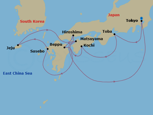 10 Night - A Journey of Ocean Serenity, Lively Culture & Island Grace - EXPLORA III - Starting in Tokyo, Toba, Kochi, Beppu, Matsuyama, Sasebo, Jeju Island, Hiroshima, Tokyo itinerary map