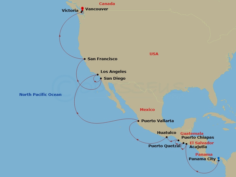 18 Night - An Extended Journey of Ancient Mysteries & Pacific Coastal Wonders - EXPLORA III - Starting in Panama City (Amador), Acajutla, Puerto Quetzal, Puerto Madero, Huatulco (Santa Maria Huatulco), Puerto Vallarta, Los Angeles, San Diego, San Francisco, Victoria CA, Vancouver itinerary map